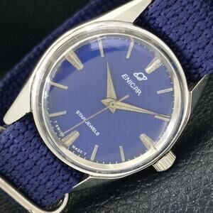 Vintage 1974 Enicar Automatic Mens Silver Watch & Blue accents